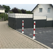 Barrier posts | Steel tube  60 x 2,5 mm | foldable | with triangular locking mechanism | for casting in concretewith ground socket part-no. 470.60approx. 400 mm below ground | hot-dip galvanized and white coatedwith three red reflecting stripes | with 1 eyelet